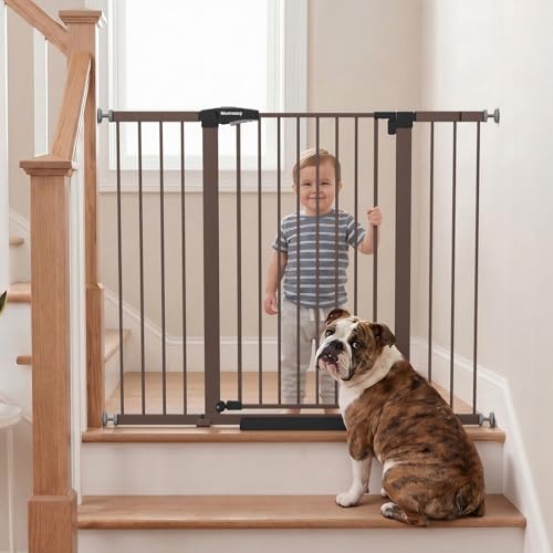 Mumeasy 36" Extra Tall Baby Gate for Stairs, 29.7-51" Wide Dog Gates Indoor for Doorways with Easy Walk Thru, Auto Close Pet Safety Gate for House, Pressure Mounted Metal Child Gate with Door, Brown by Mumeasy-FocusonBabyPetSafetyGate