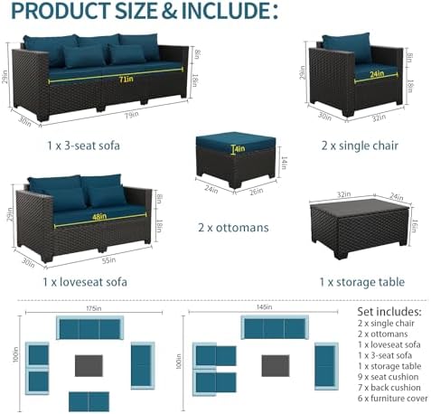 Rattaner Patio Furniture Set 7 Pieces Couch Outdoor Chairs Coffee Table Peacock Blue Anti-Slip Cushions and Waterproof Covers - Image 6