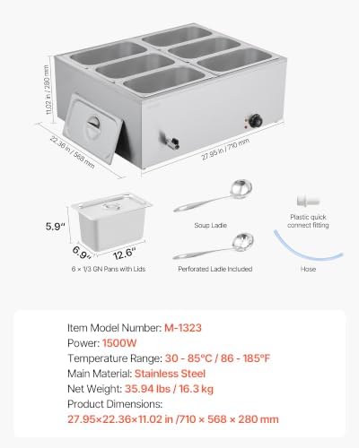 VEVOR Commercial Food Warmer, 1500W Electric Stainless Steel Steam Food Warmer with Lid, 6-Pan Fast Heating Countertop Buffet Bain Marie with Soup & Perforated Ladles, for Catering, Restaurant, Party - Image 7
