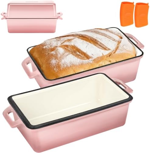 Wildone Enameled Cast Iron Bread Loaf Pan with Lid, 9x5 Sourdough Baking Pans for Homemade Bread, Cake, Meatloaf, Even Heating Bread Pans, 2-Piece Set, Pink by Wildone