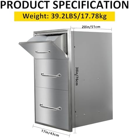 Outdoor Kitchen Drawers with Paper Towel Holder 17" W x 30"H Flush Mount BBQ Drawers with Chrome Handle,Stainless Steel Built-in Triple Access Drawers for Outdoor Kitchen Island, Patio Grill Station - Image 2