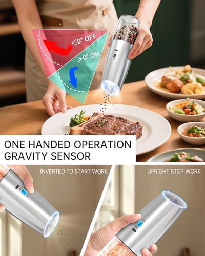 CIRCLE JOY Rechargeable Gravity Electric Salt and Pepper Grinder Set, Stainless Steels Salt and Pepper Mills with LED Light, No Battery Needed, Adjustable Coarseness, Washable 135ml Container, Silver - Image 4