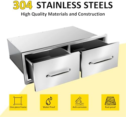 Outdoor Kitchen Drawers 30" W x 10" H x 20" D Flush Mount Horizontal Double Drawers with Chrome Handle,Stainless Steel Built-in BBQ Drawer for Outdoor Kitchen Island, Patio Grill Station - Image 3