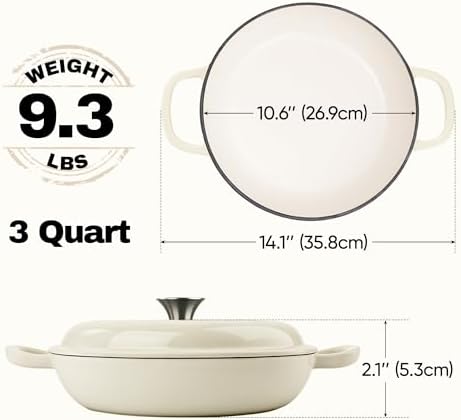 3 Quart Enameled Cast Iron Braiser, Non Stick Enameled Cast Iron Skillet with Lid, Dutch Oven Skillet with lid up to 500°F for Oven, Stove, Grill, Shallow Dutch Oven for Cook, Bake (Beige) - Image 4