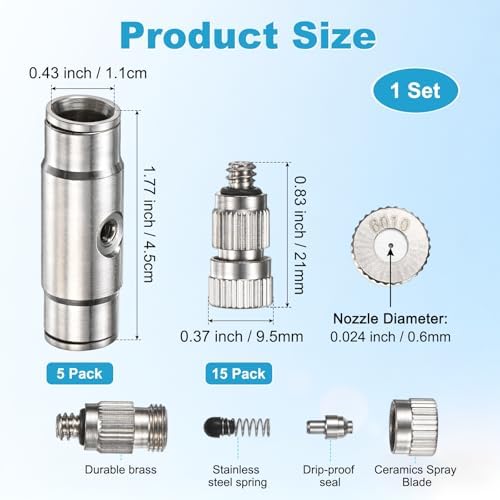 M METERXITY 20-Pack Brass Misting Nozzle Tee Kit, 0.6mm Orifice Dia. High Pressure Spray Misting Nozzle Head, Slip Connectors for 3/8 Inch Drip Irrigation Tubing Kit Outdoor [3/16" Threaded] - Image 3