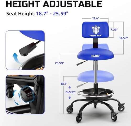 Rolling Shop Stool with Wheels, Garage Mechanic Stool Chair with Backrest, Height Adjustable Heavy Duty Swivel Task Chair, Adjustable Footrest with Storage Tray for Garage Kitchen Salon Tattoo (Blue) - Image 2
