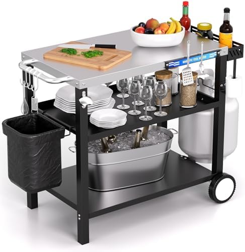 Grill Table, Stainless Steel Grill Cart with Three-Shelf, Movable Pizza Oven Table with Side Tray ＆ Trash Bag Holder, Outdoor Grill Stand with Hooks for Food Prep, Outside Tailgating, Camping by ADREAK