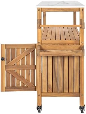 Merax Outdoor Acacia Wood Bar Cart, Natural Finish with Marble-Effect Top - Image 6