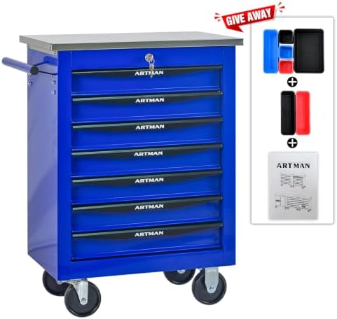 7-Drawer Heavy-Duty Rolling Tool Chest with Wheels & Steel Roof, Lockable Tool Chest Storage Cabinet for Garage, Workshop, Warehouse, and Repair Shop - Image 7