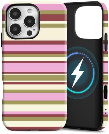for iPhone 16 Pro Case, Magnetic Matte Frosted Dual-Layer Striped Phone Case for Women, Retro Aesthetic Cover Compatible with Mag Safe Accessories - Berry Sage by YKCZL