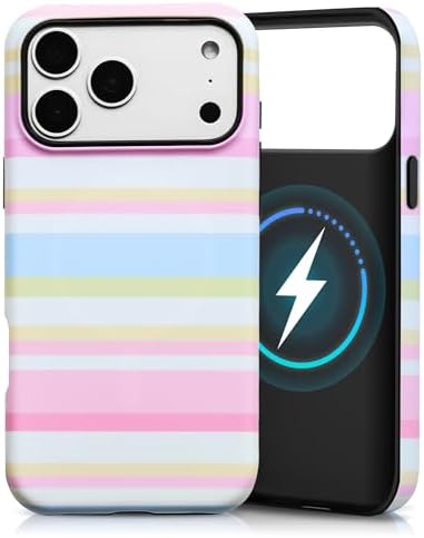 for iPhone 17 Pro Case, Magnetic Matte Frosted Dual-Layer Striped Phone Case for Women, Retro Aesthetic Cover Compatible with Mag Safe Accessories - Pastel Dream by YKCZL