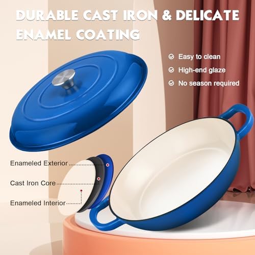 Overmont Enameled Cast Iron Dutch Oven - 3.8 QT Shallow Braiser with Recipe - Image 3