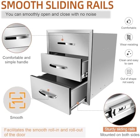 Pull Out Trash Drawer, Lower Sliding Rails Stainless Steel Roll Out Trash Bin Pull Out Tray With Handle For Outdoor Kitchen BBQ Island Grill Station,Three Drawers - Image 3