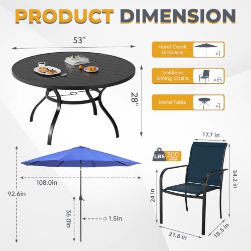 Incbruce 8 PCS Patio Dining Set with Dark Blue Umbrella, Outdoor Dining Set of 6 Textilene Chairs and 53" Round Table with Umbrella Hole for Backyard, Garden, and Poolside (Blue) - Image 3