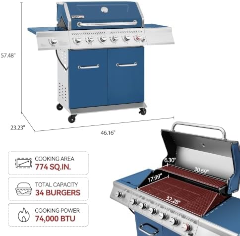 Royal Gourmet GA6402B 6-Burner Propane Gas Grill with Side Burner, Blue - Image 3