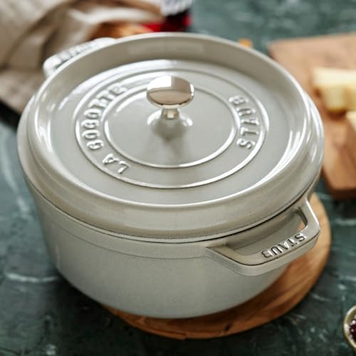 Staub Cast Iron 7-qt Round Cocotte - White Truffle, Made in France - Image 6