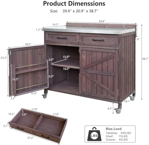 39.4" Outdoor Grill Cart with Stainless Top & Storage Cabinet - Image 2