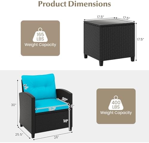 RELAX4LIFE 3-Piece Patio Furniture Set - Wicker Rattan Bistro Sofa Set w/Glass Top Coffee Table, Washable Cushions for Porch Balcony Backyard Poolside, Outdoor Furniture Conversation Set (Turquoise) - Image 3