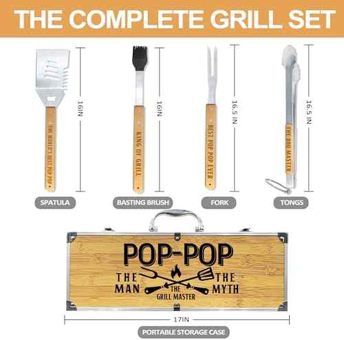 Pop Pop Gifts from Grandkids, Christmas Pop Pop Gifts Heavy Duty Wooden BBQ Grilling Accessories Kit for Backyard, Thick Stainless Steel Grill Utensils with Non-Slip Handle Tools in Portable Bag - Image 3