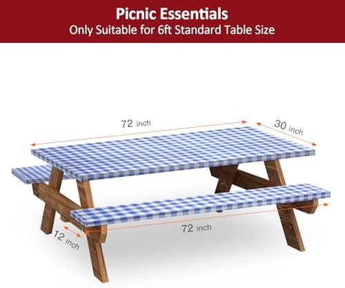 6ft 72in Picnic Table and Bench Cover, 3 Pack, Blue-White Checkered - Image 2