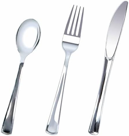 HEIPINIUYE 75 Pack Silver Plastic Cutlery Heavy Duty Silver Plastic Knives Forks and Spoons Disposable Silverware Set for 25 Guest Camping Birthday Baby Shower Wedding Party Utensils Set by HEIPINIUYE