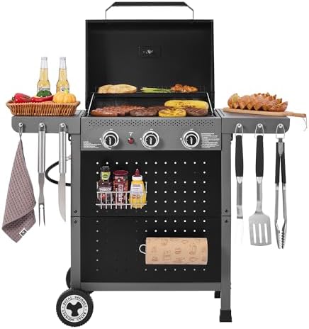 Royal Gourmet GL3001 3-Burner Gas Grill with Pegboard, Black & Cool Gray by RoyalGourmetCorp