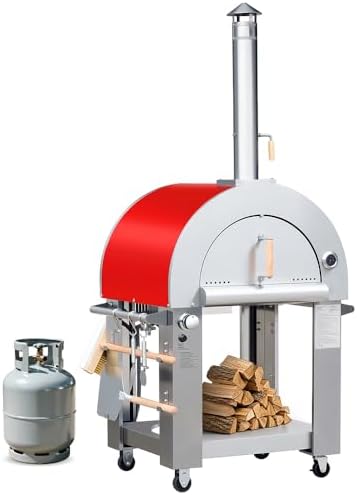 KOSTCH 32.5" Outdoor Duel Fuel Pizza Oven, 304 Stainless Steel Wood Fired & Propane Gas Pizza Oven with Temperature Gauge, Portable Pizza Oven on Wheels for Outside, Camping, Party (Red) - Image 2