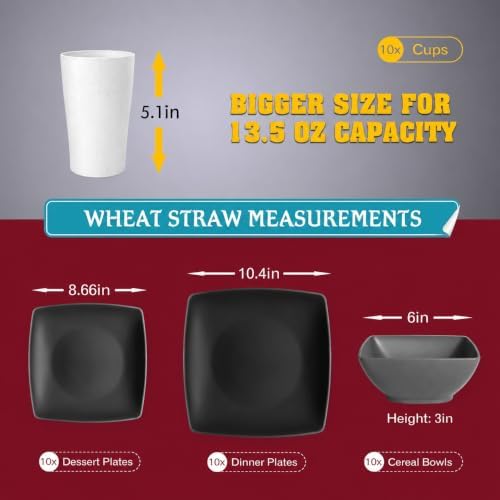 Teivio 40-piece Kitchen Wheat Straw Square Dinnerware Set,Service for 10, Unbreakable Dinner Plates, Salad Plates, Snack Bowls, Cups 13.5 oz, Dishwasher Safe, Plastic Outdoor RV Dishes,Gray Ombre - Image 2
