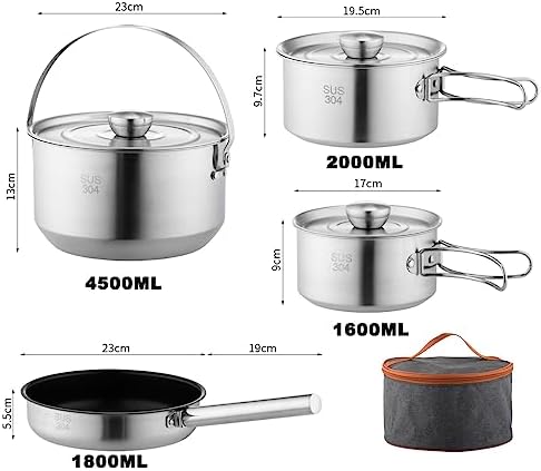 304 Stainless Steel Camping Cookware Set, Pots and Pans for Campfire Cooking, Includes Travel Tote Bag for 4-6 People - Image 5