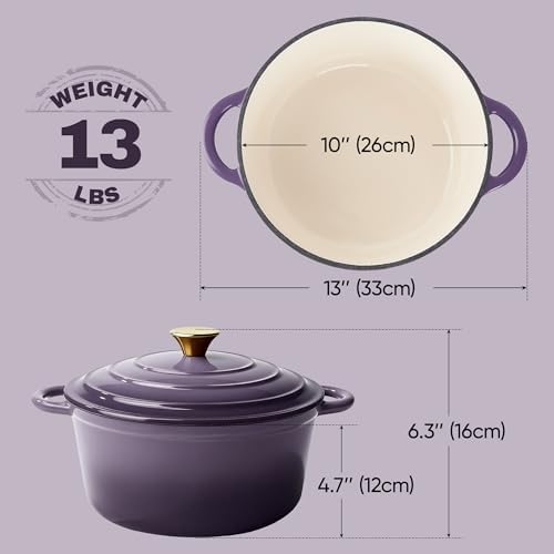 Vintage Style 6 Quart Dutch Oven Pot with Lid, Non Stick Enameled Cast Iron Dutch Oven for Bread Baking, Heavy-Duty, Oven Safe Ceramic Cookware Up to 500°F for Baking, Braising, Stews, Roasting, Purple - Image 4
