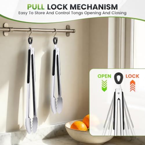 9 & 12 Inch Kitchen Tongs, Stainless Steel Metal Cooking Tongs (9"+12") - Image 3