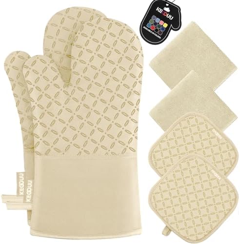 KEGOUU Oven Mitts and Pot Holders 6pcs Set, Kitchen Oven Glove High Heat Resistant 500 Degree Extra Long Oven Mitts and Potholder with Non-Slip Silicone Surface for Cooking (Beige) by KEGOUUOvenMitt