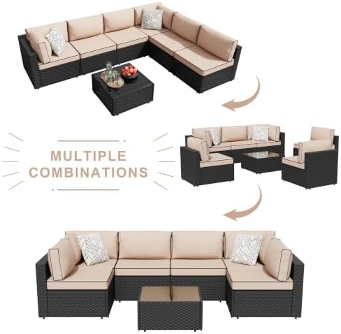 JAMFLY 7-Piece Patio Furniture Set, Outdoor Wicker Sectional Sofa with 4-Inch Thick Cushions & Coffee Table, All-Weather PE Rattan Conversation Set for Backyard, Garden, Poolside, Beige - Image 3