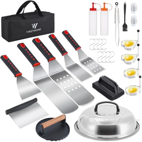 VIKEYHOME Griddle Accessories Kit, 28 Pcs Flat Top Grill Accessories Set for Blackstone, Professional Grill BBQ Spatula Set with Basting Cover, Spatula, Scraper, Bottle, Tongs, Egg Ring by VIKEYHOME