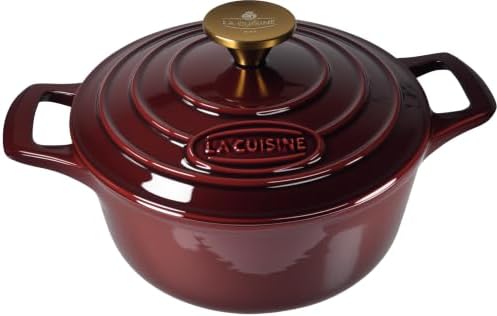 La Cuisine Enameled Cast Iron Dutch Oven Casserole Pot with Golden handle for Lid, Internal Matte Black Enamel Coating 2.1QT 10.5" / 20cm Ø, Oven-Safe 550°F/276°C Cranberry by LaCuisineforlife