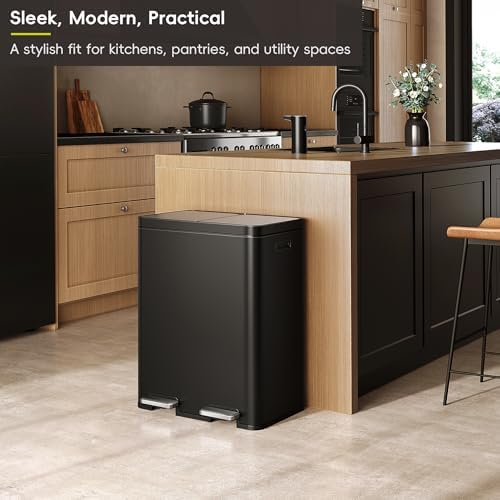 EKO Edison 8+8 Gallon Dual Trash Can for Recycling and Trash, Stainless Steel Kitchen Step Can with Dual Removable Inner Bucket, Independent Lids and Pedals, Black - Image 3