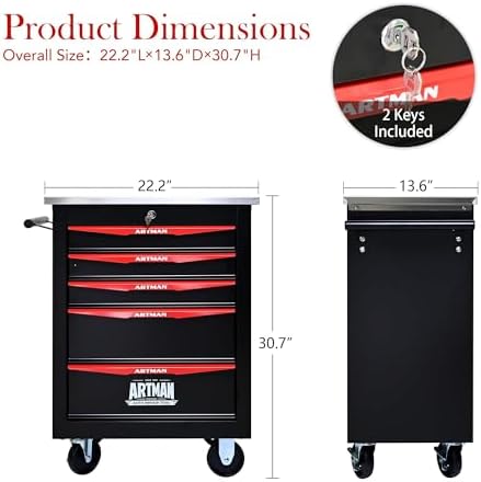 5-Drawer Heavy-Duty Rolling Steel Tool Cart with Handle&Wheels, Metal Storage Organizer Cabinet, Tool Chest for Efficient Tool Storage in Garage, Warehouse, Workshop, Repair Shop, Black&RED - Image 3