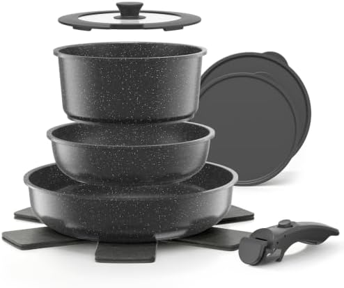 YASHE 9Pcs Granite Nonstick Pots and Pans Set, Stackable, Oven Safe by YASHE