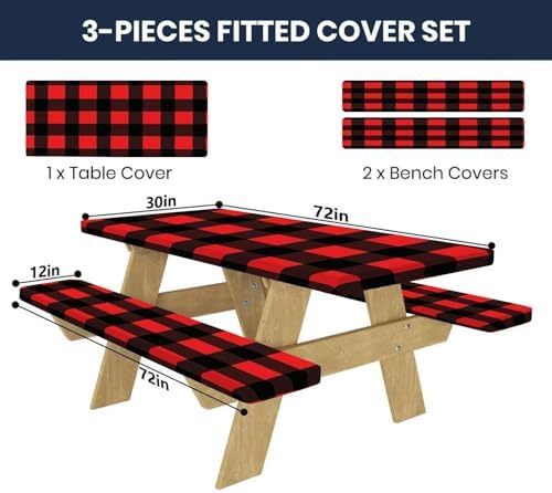 CAPSCEOLL Fitted Picnic Table Cover with Bench Covers 6ft - Black Red - Image 2