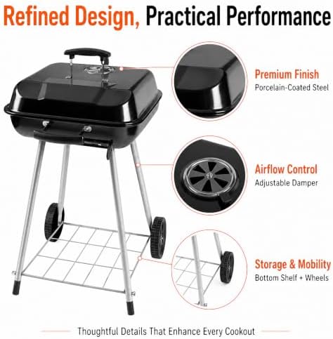 Charcoal Grill 17.5" Square Portable BBQ Kettle for Camping Picnic - Image 3