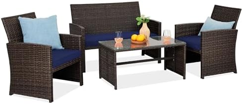 Best Choice Products 4-Piece Outdoor Wicker Patio Conversation Furniture Set for Backyard w/Coffee Table, Seat Cushions - Brown/Navy by BestChoiceProducts