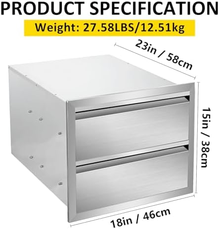Outdoor Kitchen Drawers 18" W x 15" H x 23" D Flush Mount Double layer BBQ Drawers,Stainless Steel Built-in 2-Drawer for Outdoor Kitchen Island, Patio Grill Station - Image 2