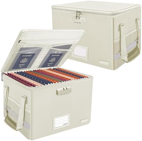 ENGPOW File Box with Lock,Fireproof Document Box with Zipper Lid,Collapsible File Storage Organizer Filing Cabinet with Handles,Portable Home Office Safe for Hanging Letter/Legal Folders,Beige,2 Pack by ENGPOW