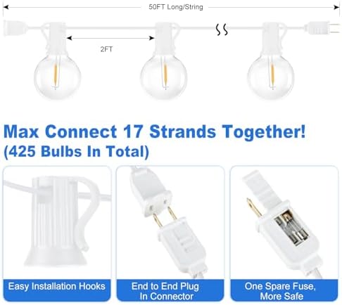 Bosceos Outdoor G40 LED Globe String Lights Waterproof 50FT, White Wire - Image 7