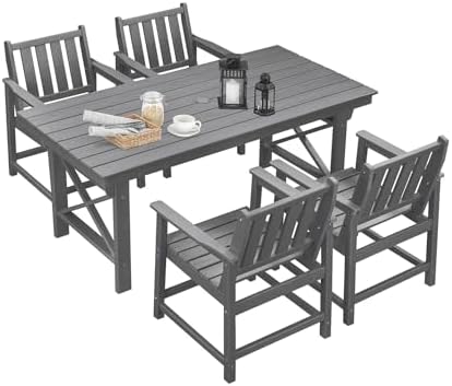HDPE Patio Dining Set, 5-Piece Outdoor Table and Chairs with Umbrella Hole, Modern Outdoor Dining Set for 4, HDPE Outdoor Patio Furniture Dining Sets for Deck, Poolside, Porch, Smoke Gray by SeeHill