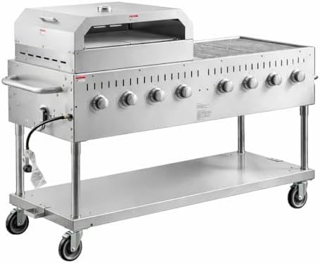 Commercial Stainless Steel Outdoor Liquid Propane Grill with Pizza Oven Attachment, 60" Cooking Surface, 8 Burners, 128,000 BTU, for Restaurant Patio, Resort, Catering, Outdoor Kitchen, Hotel by Krollen+Industrial