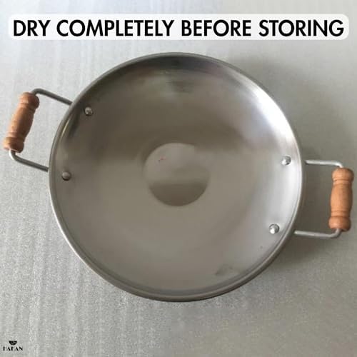 Hakan Stainless Steel Sauté Pan | Frying Pan with Wooden Handles | Barbeque Plate, Wide Shallow Cooking Pan for Stir Fry, Outdoor Cooking BBQ Cookware Pan, Skillet (Small 15.7 in) - Image 6