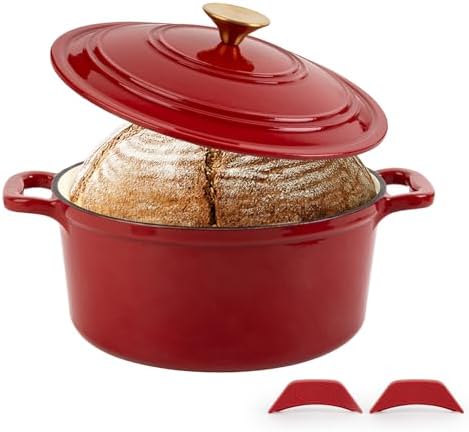 Enamel Cast Iron Dutch Oven with Lid, Round Casserole Pot for Bread Baking, Braising, Roasting, and Stews, Heavy-Duty, Oven Safe, Induction Compatible (4.7QT,Red) by TASTEDELI