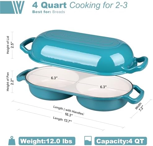 VORRINGARD Enameled Cast Iron Double Dutch Oven with Lid, Dual Round Loaf Pan, Bread pan for Homemade Sourdough Bread Baking, Bluegreen - Image 2