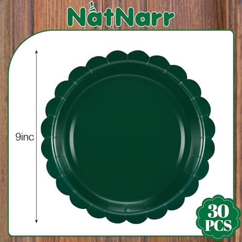 NatNarr 30 Pcs Dark Green Plates 9 Inch Scalloped Green Paper Plates - Image 2